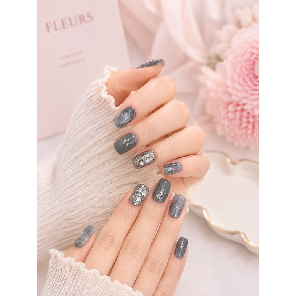 NEW Press On Nails Women Grey New Marble Glitter Rhinestone Square Medium